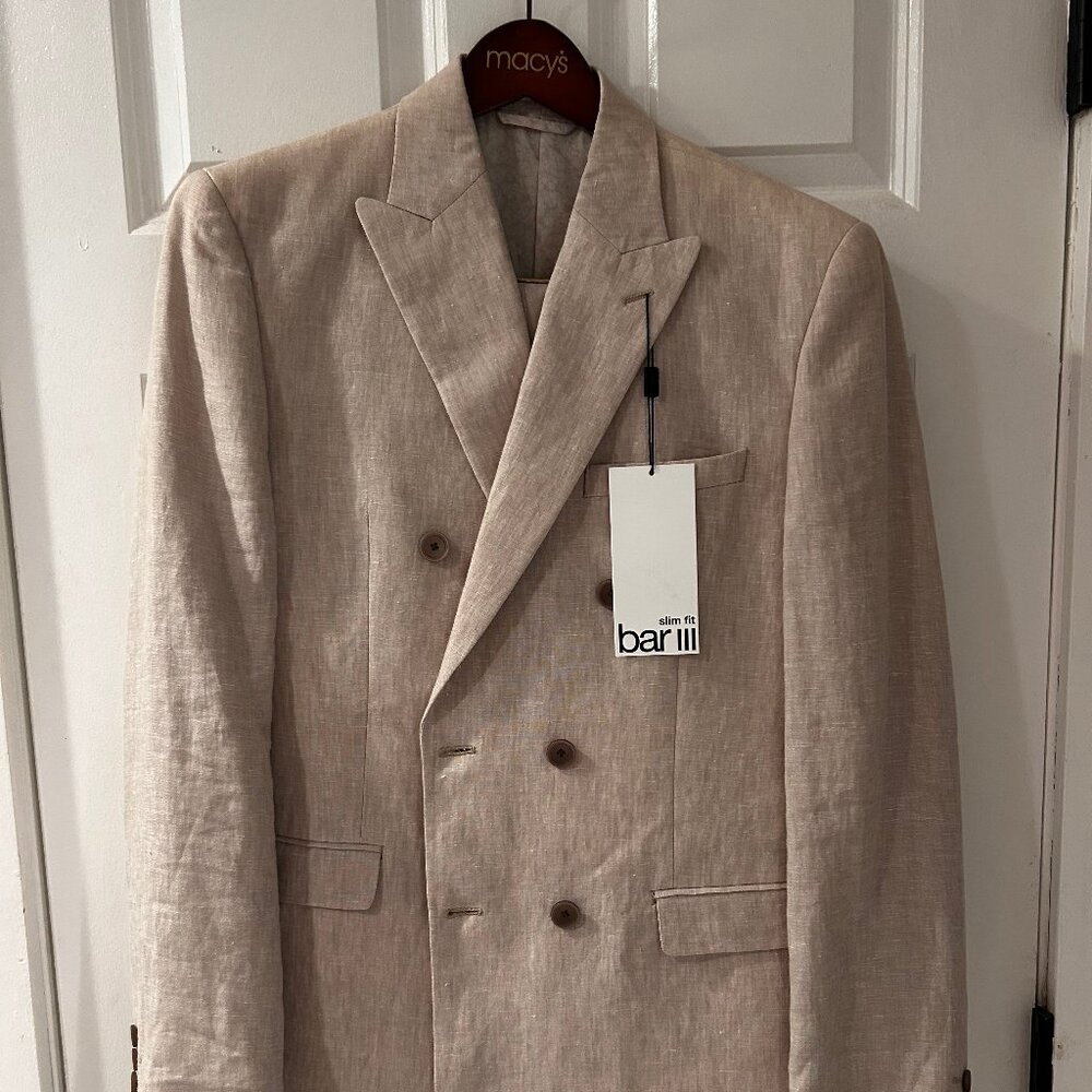 NWT Macy's Bar III Double Breasted Suit in Tan 100% Linen, Size 38R 32x30